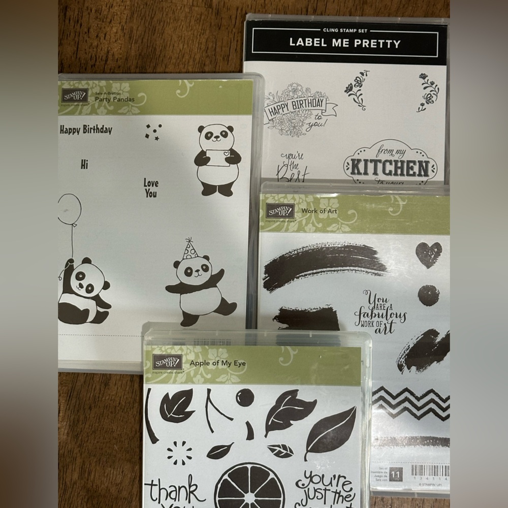 Stampin Up! 4 new sets, Apple of My Eye/Party Pandas/Work of Art/Label Me Pretty